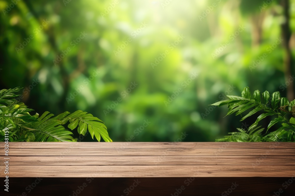 Wooden table top on blurred green jungle background - can be used for display or montage of your products Wooden table top on blurred green jungle background - can be used for display or montage of your products