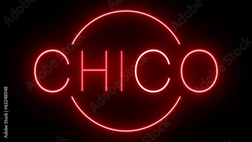Red flickering and blinking animated neon sign for the city of Chico