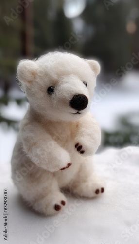 adorable wool felted polar bear sitting in the snow - created using generative AI tools