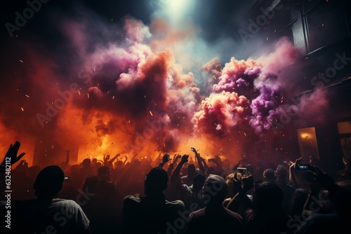 A chaotic scene at the clouded establishment, lights clashing in a lively crowd. Generative AI