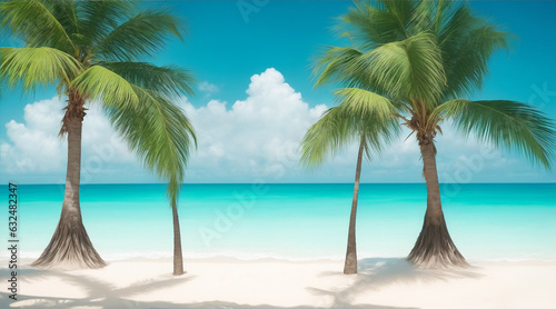 Two palms are on a beach the ocean in the style of serene oceanic vistas by Generative AI © BornHappy