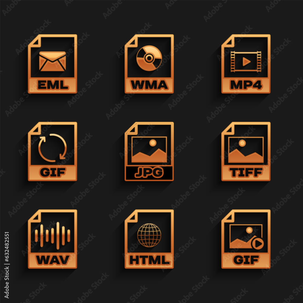 Set JPG file document, HTML, GIF, TIFF, WAV and icon. Vector Set JPG file document, HTML, GIF, TIFF, WAV and icon. Vector