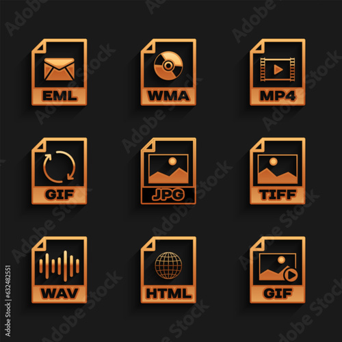 Set JPG file document, HTML, GIF, TIFF, WAV and icon. Vector
