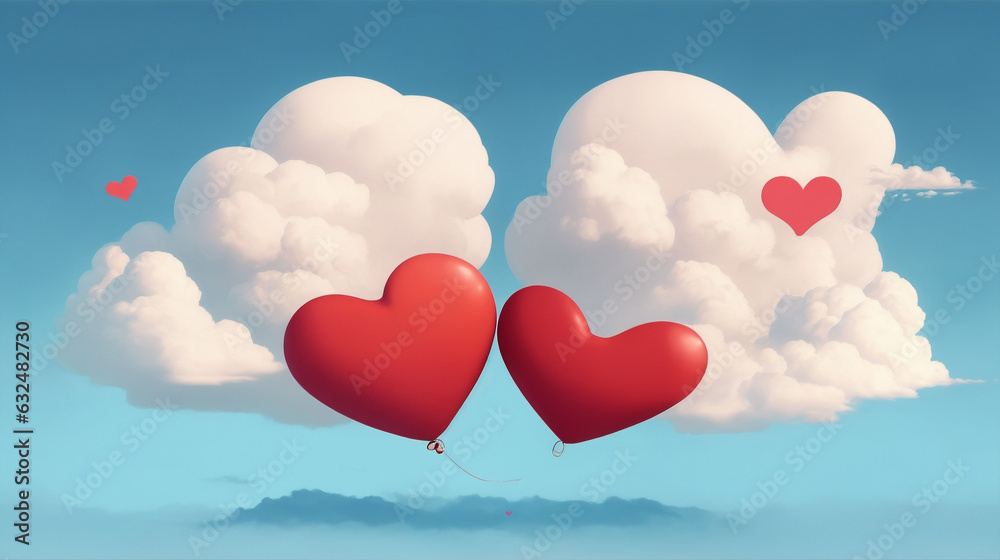 Two heart cartoon characters holding hands over a cloud by Generative AI