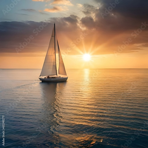 A sailing vessel cruises across the sea during dawn or dusk, with the sun descending beyond the horizon, casting its warm glow upon the water, boat navigates against the scenic backdrop, generative ai