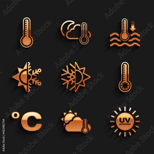 Set Sun and snowflake, Thermometer cloud, sun, UV protection, Meteorology thermometer, Celsius, Water and icon. Vector