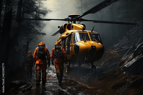  rescue personnel conducting a rescue operation in a dense forest or mountainous terrain. Generated with AI © Chanwit