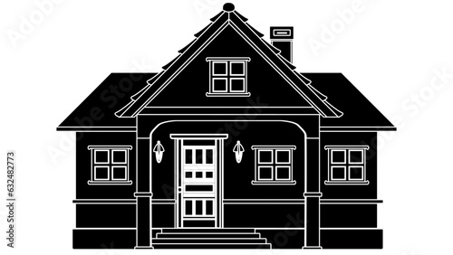 Black silhouette of one-story house with porch and canopy isolated on white background. Clipart.