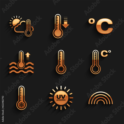 Set Meteorology thermometer, UV protection, Rainbow, Water, Celsius and Thermometer and cloud, sun icon. Vector