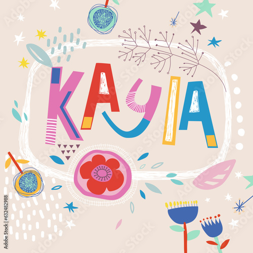 Bright card with beautiful name Kayla in flowers, petals and simple forms. Awesome female name design in bright colors. Tremendous vector background for fabulous designs photo