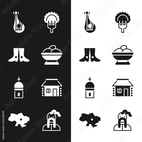Set Varenyky in a bowl, Ukrainian footwear, Bandura, Dumplings on fork, Church tower, house, cossack and Map of Ukraine icon. Vector