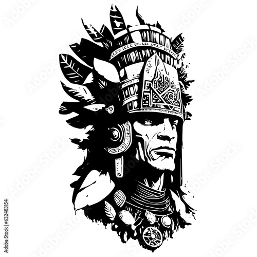 Black silhouette of ancient Aztec Indian man isolated on white background. Print for t-shirt. Clipart.