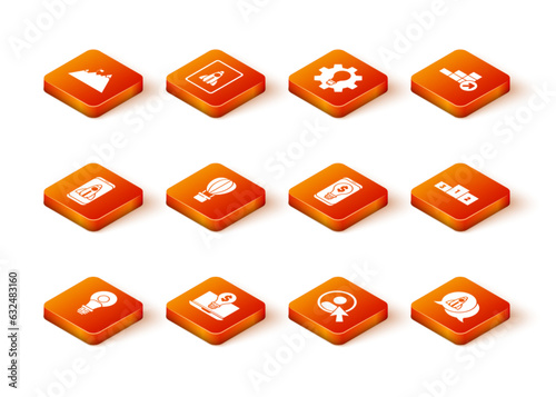 Set Head with lamp bulb, Light dollar on laptop, Startup project concept, Hot air balloon, Create account screen, mobile, and Business podium icon. Vector