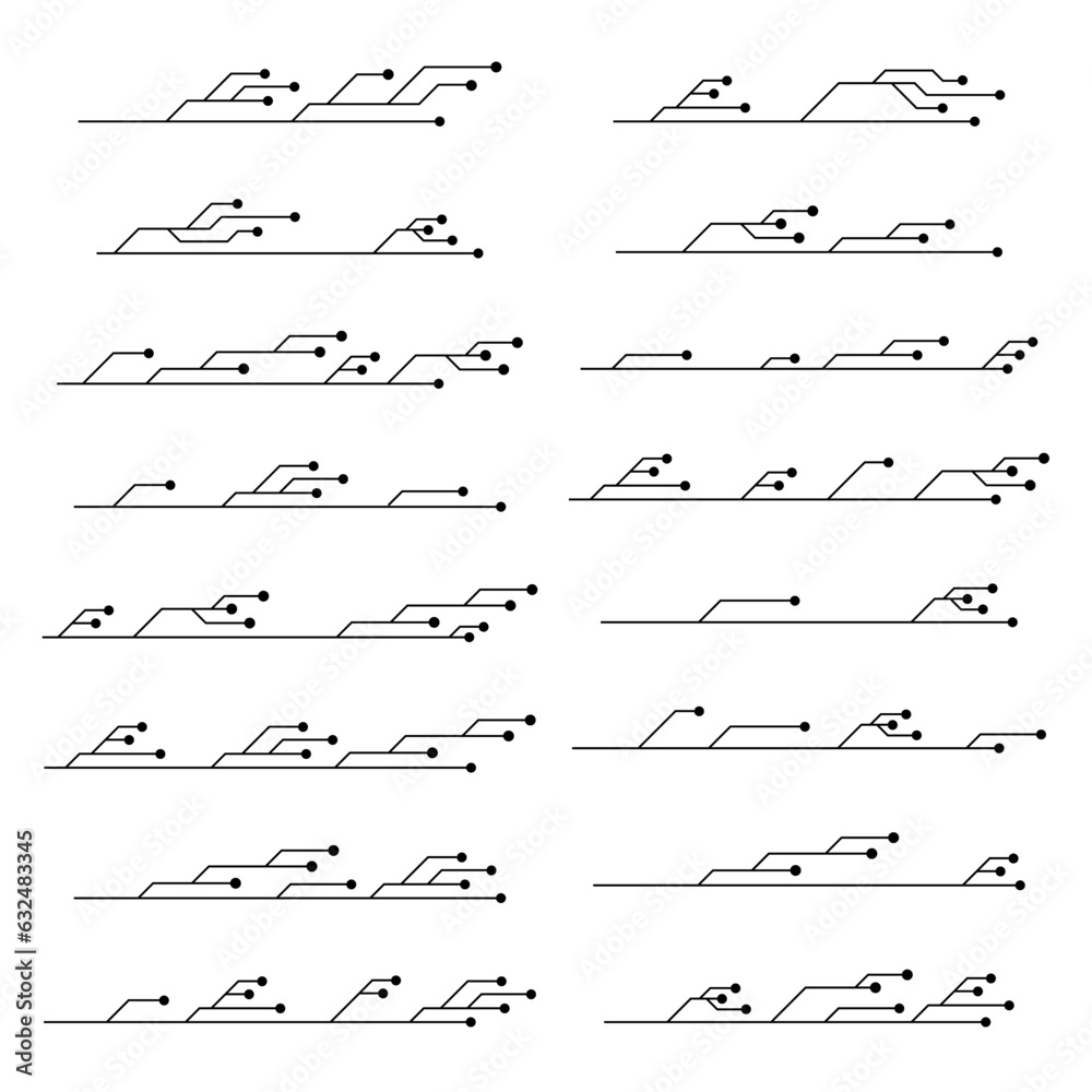 Set of printed circuit board PCB tracks silhouettes isolated on white background. Technical clipart with lines and dots. Dividers for design. Design element. Set of printed circuit board PCB tracks silhouettes isolated on white background. Technical clipart with lines and dots. Dividers for design. Design element.