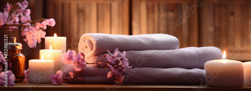 Spa setting with white towels  purple orchids  and lit candles on wooden wall. A rustic and cozy scene with a touch of luxury and elegance. Suitable for wellness  health  or relaxation themes.
