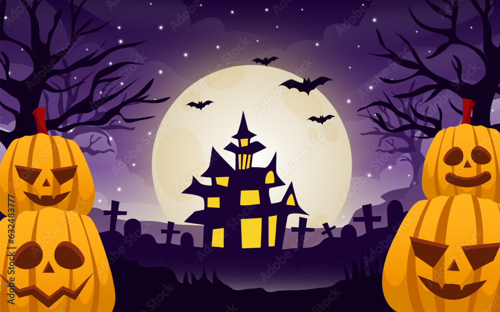 Fototapeta premium hand drawn flat halloween night with pumpkin background
