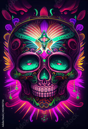 Rendered Calavera  Sugar Skull  in a modern style mixed with tradition for Dia de Los Muertos  Day of the dead . Flowers and skeleton computer generated to replicate photorealism and hyperrealism