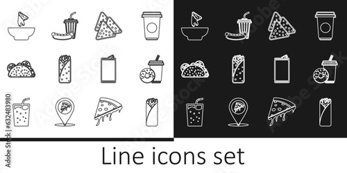 Set line Burrito, Soda drink with donut, Nachos, Taco tortilla, plate, Aluminum can and and hotdog icon. Vector