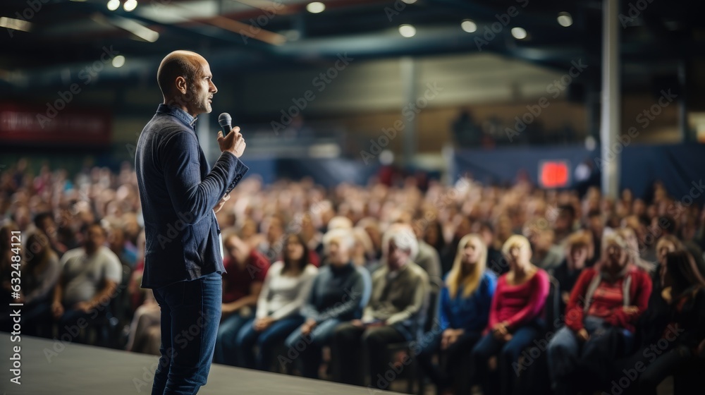 Wide shot of man giving a speech on stage during a seminar. Generative AI Wide shot of man giving a speech on stage during a seminar. Generative AI