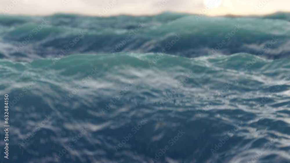 Waves on ocean. Stormy sea loop scene. Camera shaking on water. Soft focus, low angle view. Closeup. Sunset highlights on water Waves on ocean. Stormy sea loop scene. Camera shaking on water. Soft focus, low angle view. Closeup. Sunset highlights on water
