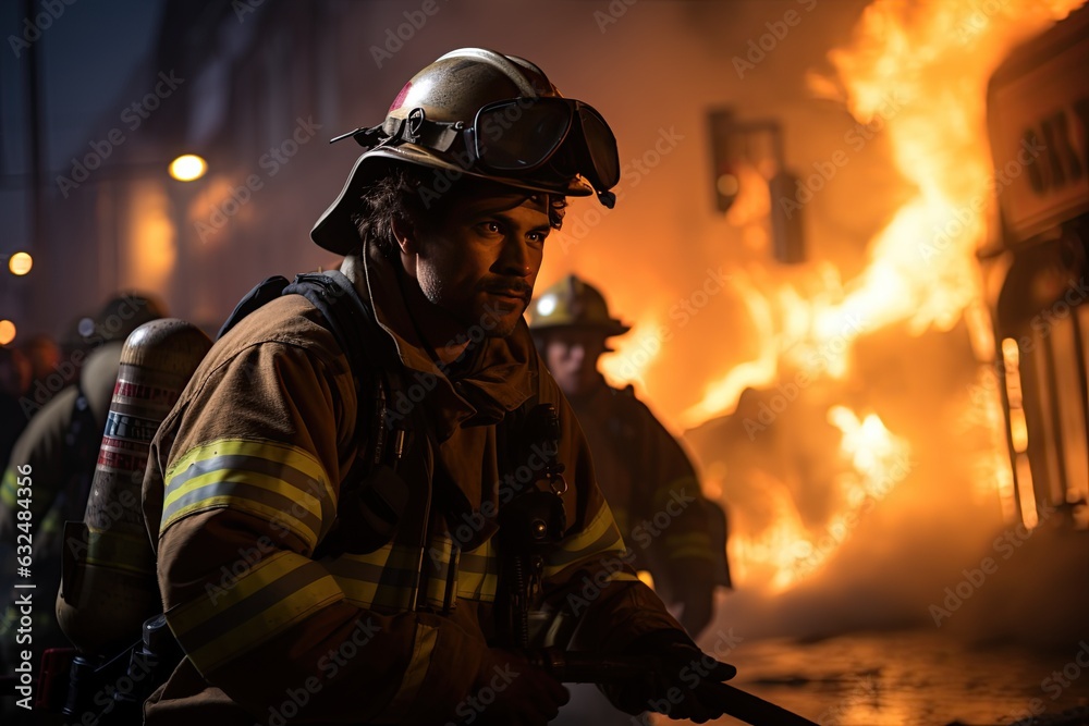 firefighters rescuing a trapped person from a burning building. Generated with AI. firefighters rescuing a trapped person from a burning building. Generated with AI.