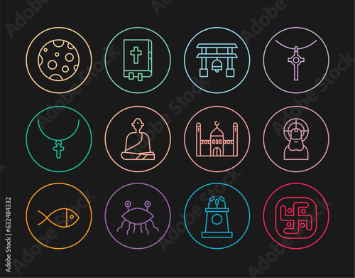 Set line Jainism, Jesus Christ, Japan Gate, Buddhist monk, Christian cross chain, Moon, Muslim Mosque and Holy bible book icon. Vector