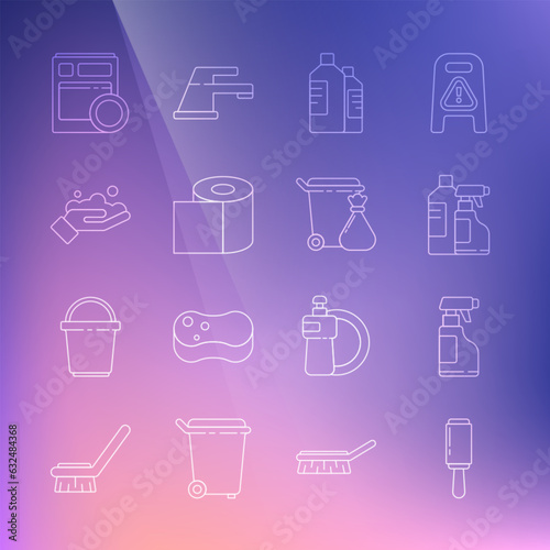 Set line Adhesive roller, Spray bottle with detergent liquid, Bottles for cleaning agent, Toilet paper, Washing hands soap, Kitchen dishwasher machine and Trash can garbage bag icon. Vector