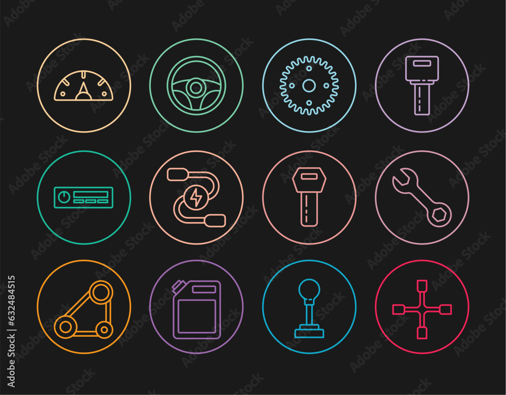 Set line Wheel wrench, Wrench spanner, Gear, Car battery jumper power cable, Audio, Speedometer, key with remote and Steering wheel icon. Vector
