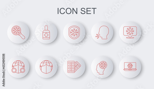Set line Virus statistics on laptop, Earth with medical mask, Shield protecting from virus, Human and, under magnifying glass, Liquid antibacterial soap, and Pills blister pack icon. Vector
