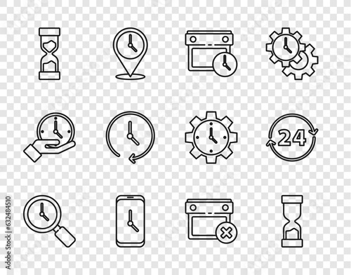 Set line Magnifying glass with clock, Old hourglass, Calendar and, Alarm app mobile, Clock, date delete and 24 hours icon. Vector