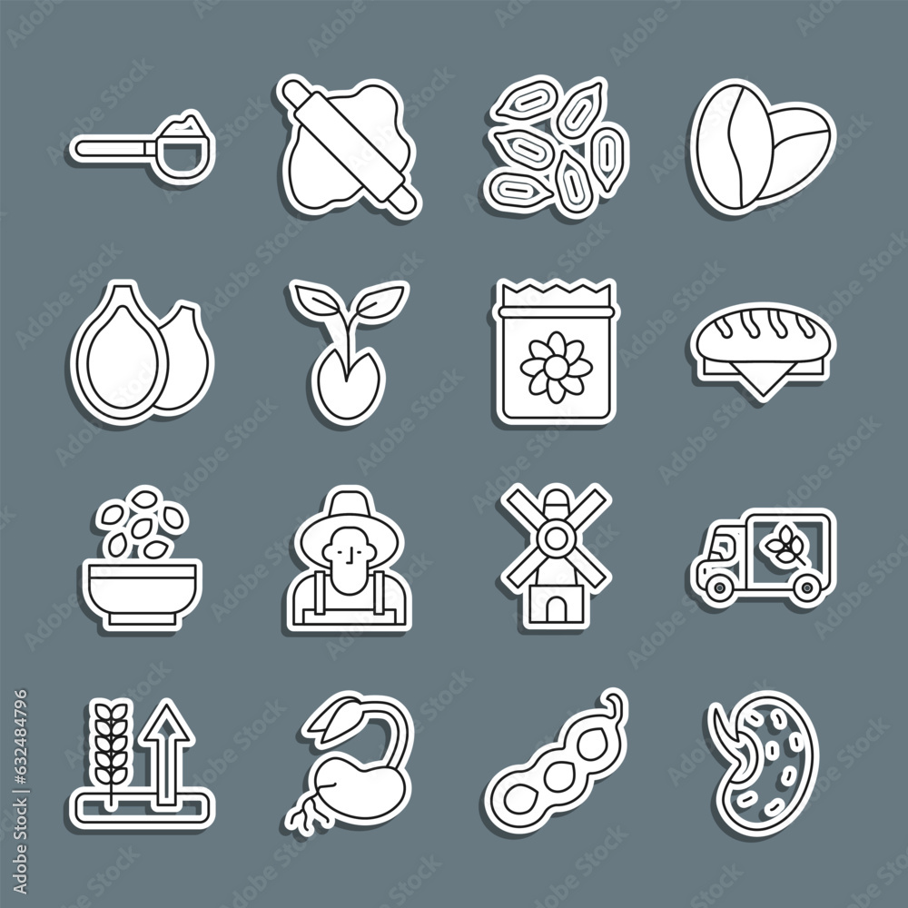 Set line Seed, Flour truck, Bread loaf, Sprout, Pumpkin seeds, Measuring cup with flour and Pack full of of plant icon. Vector