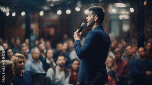 Wide shot of man giving a speech on stage during a seminar. 