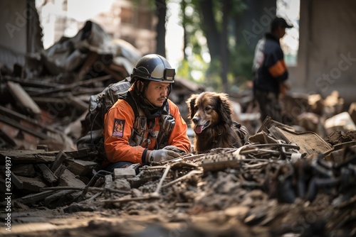 USAR (Urban Search and Rescue), along with their K9 search and rescue dogs. mobilizing to search for earthquake survivors amid the rubble of a collapsed building. Generated with AI photo
