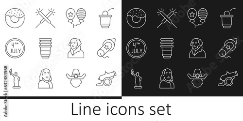 Set line Cannon, Firework, Balloons, Paper glass, Calendar with date July 4, Donut, George Washington and Sparkler firework icon. Vector
