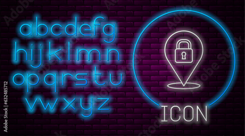 Glowing neon line Location lock icon isolated on brick wall background. The concept of the house turnkey. Neon light alphabet. Vector