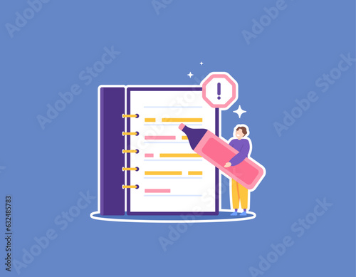 Bookmark or highlight important information. A businessman highlights an important sentence with a highlighter pen. Reminder book or notebook is used to write messages, plans, or strategies