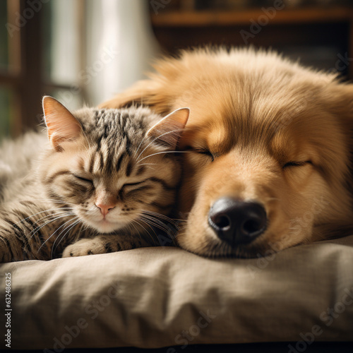 Cat and dog sleeping together. Kitten and puppy taking nap. Home pets. Animal care. Love and friendship. Domestic animals. © natalystudio