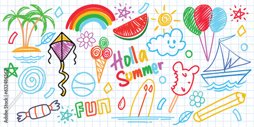 Summer funny hand drawn symbols vector set. Fruits, ice cream, sun, kite. Like kids colorful crayon, pastel, candy, rainbow, coconut, chalk, boat, cloud, candy, watermelon, rainbow or pencil stroke.