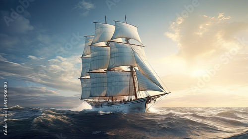 A majestic schooner is sailing on the vast ocean