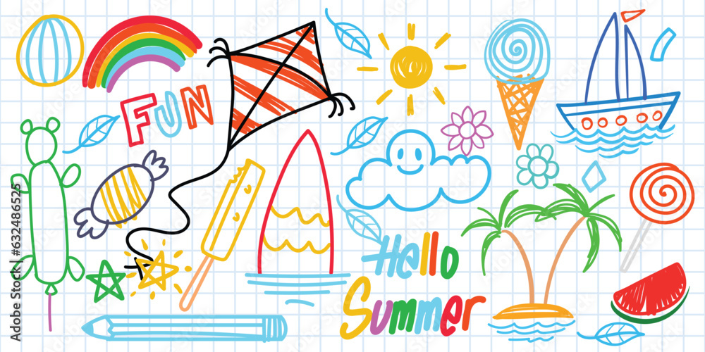 Summer funny hand drawn symbols vector set.  Childlike drawing hand drawn sketch.