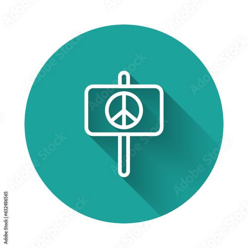 White line Peace icon isolated with long shadow background. Hippie symbol of peace. Green circle button. Vector