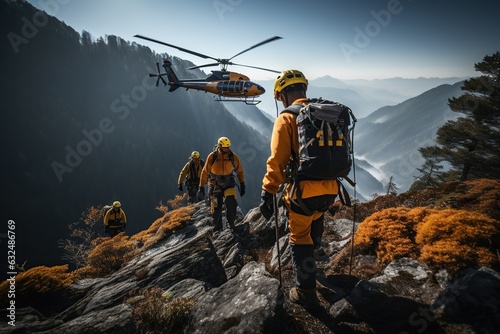 High-altitude rescue personnel use rope systems to rescue people in distress. Generated with AI