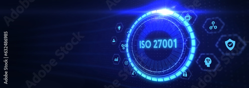 ISO 27001 Standard certification standardisation quality control concept on screen. 3d illustration