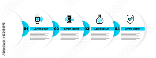 Set line Shield with check mark, Bioengineering, Hourglass and gear and Contactless payment icon. Vector