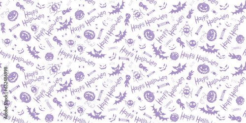 Happy Halloween-seamless pattern of traditional purple holiday symbols-pumpkin, Jack lantern, zombie, bat, spider, candies. Funny texture