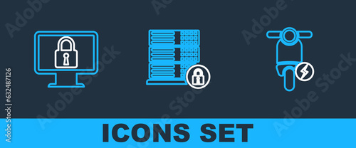 Set line Electric scooter, Lock on monitor and Server security with lock icon. Vector