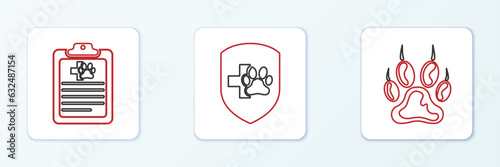 Set line Paw print, Clinical record pet and Animal health insurance icon. Vector