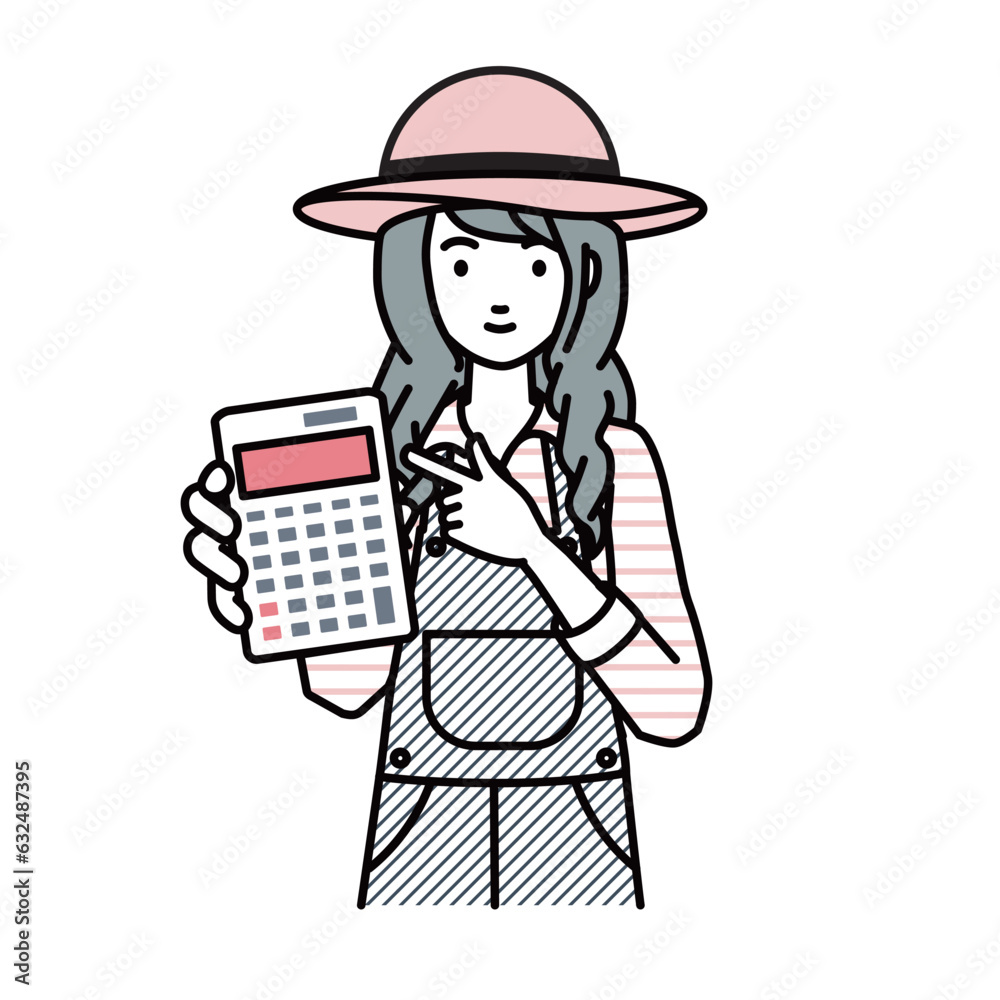 立って電卓を指差してこちらに向けて見せている農家の女性 立って電卓を指差してこちらに向けて見せている農家の女性