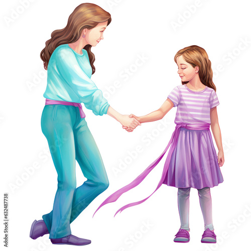 lady holding and supporting girl, bright turquoise, purple and teal blue graphics, suicide prevention week watercolor clipart isolated