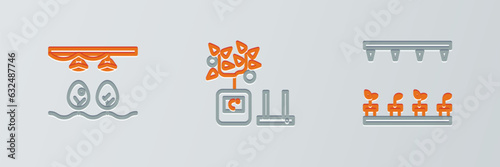 Set line Automatic irrigation sprinklers, Smart farm with bulb and plant and farming technology icon. Vector